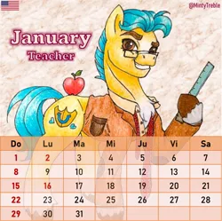 Size: 948x946 | Tagged: safe, artist:mintytreble, derpibooru import, hitch trailblazer, earth pony, pony, my little pony: a new generation, apple, calendar, food, g5, glasses, image, jpeg, solo, teacher