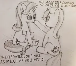 Size: 1280x1108 | Tagged: safe, anonymous artist, derpibooru import, starlight glimmer, trixie, pony, boop, cute, diatrixes, frog (hoof), glimmerbetes, hoof heart, image, jpeg, looking at each other, looking at someone, sitting, sketch, traditional art, underhoof