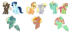 Size: 1112x485 | Tagged: safe, artist:inkprism, derpibooru import, applejack, derpy hooves, tree hugger, zephyr breeze, oc, earth pony, pegasus, pony, floating wings, image, magical gay spawn, magical lesbian spawn, offspring, parent:applejack, parent:derpy hooves, parent:soarin', parent:tree hugger, parent:zephyr breeze, parents:zephyrhugger, pegasus oc, png, simple background, transparent background, wings