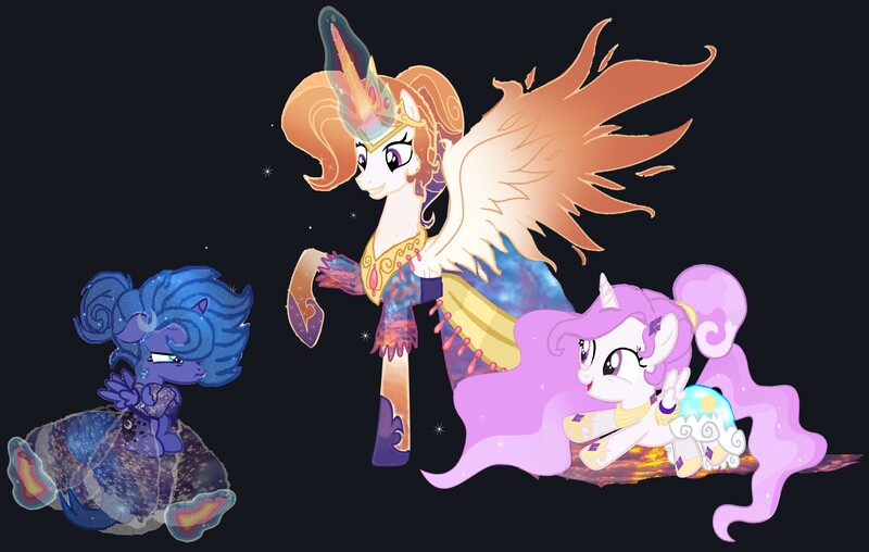 Size: 6398x4065 | Tagged: safe, artist:duchesspheonixglow, derpibooru import, princess celestia, princess luna, oc, alicorn, pony, alicorn oc, black background, clothes, dress, female, filly, filly celestia, filly luna, foal, gala dress, glow, glowing horn, grin, horn, image, jpeg, magic, pink-mane celestia, raised hoof, simple background, smiling, telekinesis, unamused, wings, young celestia, young luna, younger