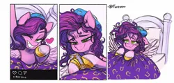 Size: 1880x900 | Tagged: safe, artist:fanzeem, derpibooru import, pipp petals, pegasus, pony, bed, bed mane, bedsheets, comic, g5, grin, ice pack, image, jpeg, lidded eyes, looking at you, messy mane, mobile phone, phone, selfie, sick, sleepy, smiling, smiling at you, solo, spread wings, tired, wings