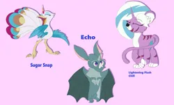 Size: 1280x775 | Tagged: safe, artist:brybrychan, derpibooru import, lightning chill, bat, hybrid, tiger, my little pony: pony life, echo (g4.5), image, jpeg, pink background, simple background, sugar snap