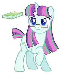 Size: 954x1157 | Tagged: safe, artist:lanternik, derpibooru import, oc, unofficial characters only, pony, unicorn, base used, book, eyelashes, female, frown, glasses, horn, image, magical lesbian spawn, mare, offspring, parent:blossomforth, parent:moondancer, png, raised hoof, simple background, solo, transparent background, unicorn oc