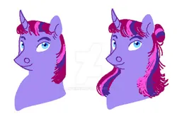 Size: 400x290 | Tagged: safe, artist:lanternik, derpibooru import, oc, unofficial characters only, pony, unicorn, bust, deviantart watermark, duo, female, horn, image, jpeg, magical lesbian spawn, mare, obtrusive watermark, offspring, parent:tempest shadow, parent:twilight sparkle, parents:tempestlight, unicorn oc, watermark