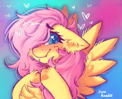 Size: 1551x1260 | Tagged: safe, artist:yumkandie, derpibooru import, fluttershy, pegasus, pony, blushing, cheek fluff, chest fluff, crying, cute, cute little fangs, ear fluff, fangs, female, floating heart, freckles, heart, heart eyes, image, messy mane, png, shyabetes, signature, smiling, solo, wingding eyes, wings