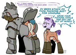 Size: 1567x1138 | Tagged: safe, artist:redxbacon, derpibooru import, oc, unnamed oc, unofficial characters only, earth pony, pony, fallout equestria, armor, brotherhood of steel, dialogue, earth pony oc, fallout, fallout 4, height difference, image, jpeg, looking at butt, power armor, simple background, white background