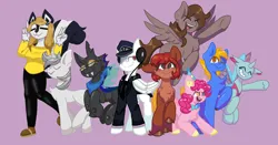 Size: 2080x1090 | Tagged: safe, artist:flower-black, derpibooru import, oc, oc:alejandrogmj, oc:bloods, oc:flower black, changedling, changeling, earth pony, pegasus, clothes, derpibooru exclusive, group, image, png, ponysona, simple background