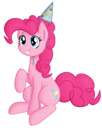 Size: 802x996 | Tagged: safe, artist:laserkitten, derpibooru import, pinkie pie, earth pony, pony, birthday, female, hat, image, mare, party hat, png, raised hoof, simple background, sitting, smiling, solo, transparent background