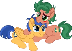Size: 1280x912 | Tagged: safe, artist:cloudyglow, derpibooru import, flash sentry, timber spruce, ponified, earth pony, pegasus, pony, blue eyes, blushing, cute, cutie mark, diasentres, equestria girls ponified, gay, green eyes, image, male, png, shipping, simple background, smiling, tail, timberbetes, timberflash, transparent background, wings