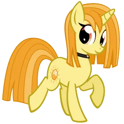 Size: 1500x1500 | Tagged: safe, artist:heliocentric, derpibooru import, oc, oc:amber flair, unofficial characters only, pony, unicorn, derpibooru community collaboration, 2023 community collab, choker, female, full body, heart, hooves, horn, image, mare, png, raised hoof, simple background, smiling, solo, tail, transparent background, two toned mane, two toned tail, unicorn oc