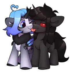 Size: 2500x2500 | Tagged: safe, artist:argigen, derpibooru import, oc, oc:argi, oc:nub, pony, unicorn, derpibooru community collaboration, 2023 community collab, :p, bat wings, chest fluff, chibi, female, image, kissing, licking, male, mare, png, stallion, tongue out, wings