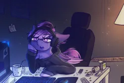 Size: 3000x2000 | Tagged: safe, artist:shad0w-galaxy, derpibooru import, oc, oc:shadow galaxy, unofficial characters only, pegasus, pony, bags under eyes, chair, clothes, computer, computer mouse, crying, depressed, detailed background, female, food, headphones, high res, hoodie, image, keyboard, lamp, mare, mousepad, mug, pills, png, sandwich, sick, sitting, straw, table, unshorn fetlocks