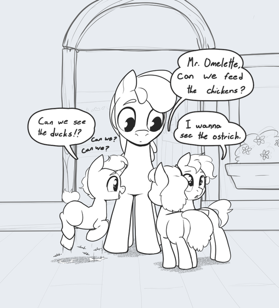 Size: 914x1008 | Tagged: safe, artist:storyteller, derpibooru import, oc, oc:omelette, earth pony, pony, unicorn, colt, cute, dialogue, excited, female, filly, foal, image, male, monochrome, png, smiling, speech bubble, stallion