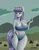 Size: 1500x1900 | Tagged: suggestive, artist:zachc, derpibooru import, boulder (pet), maud pie, anthro, earth pony, belly button, big breasts, bikini, breasts, busty maud pie, cleavage, clothes, cloud, emotionless, female, holding, image, looking away, png, rock farm, solo, swimsuit, wide hips