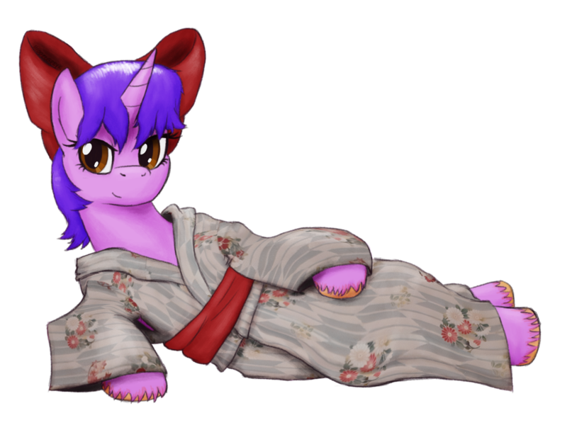 Size: 1600x1200 | Tagged: safe, artist:hiddelgreyk, derpibooru import, oc, unofficial characters only, alicorn, pony, derpibooru community collaboration, 2023 community collab, alicorn oc, bow, brown eyes, clothes, female, hair bow, horn, image, kimono (clothing), lying down, mare, png, purple hair, simple background, solo, transparent background, wings
