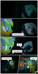 Size: 1519x2942 | Tagged: safe, artist:mrkm, derpibooru import, oc, oc:azure moon(mrkm), oc:hard sprocket, unofficial characters only, pegasus, pony, unicorn, comic:synthesis, ..., blind eye, broken horn, comic, darkness, derpibooru exclusive, dialogue, duo, female, filly, foal, glow, glowing horn, horn, image, magic, male, pegasus oc, png, shrunken pupils, speech bubble, stallion, telekinesis, unicorn oc, unshorn fetlocks, wings