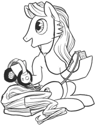 Size: 912x1200 | Tagged: safe, artist:abronyaccount, derpibooru import, oc, oc:phrase turner, unofficial characters only, earth pony, pony, derpibooru community collaboration, 2023 community collab, black and white, derpibooru exclusive, earbuds, grayscale, headphones, high res, image, ink drawing, long mane, long mane male, long tail, male, monochrome, mp3 player, png, sideburns, simple background, sitting, smiling, solo, stallion, tail, traditional art, transparent background
