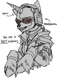 Size: 507x693 | Tagged: safe, artist:mechanakal, derpibooru import, ponified, pony, unicorn, balaclava, bust, call of duty, clothes, coat, derpibooru exclusive, doodle, fluffy, grayscale, headphones, headset, image, looking at you, male, meme, monochrome, partial color, png, ponified meme, raised hoof, raised hooves, simon "ghost" riley, simple background, skull, solo, stallion, sunglasses, text, union jack, unshorn fetlocks, white background