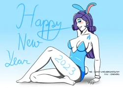 Size: 3484x2480 | Tagged: suggestive, artist:sandypeacebringer, derpibooru import, rarity, human, equestria girls, alternative cutie mark placement, animal costume, bunny costume, bunny ears, bunny suit, clothes, costume, gradient background, happy new year, holiday, image, jpeg, leotard, new year, playboy bunny rarity, solo