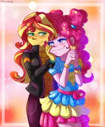 Size: 1680x2040 | Tagged: safe, artist:yuris, derpibooru import, pinkie pie, sunset shimmer, human, equestria girls, equestria girls series, spoiler:eqg series (season 2), blushing, churros, clothes, cute, female, food, image, lesbian, lgbt, music festival outfit, png, shipping, simple background, smiling