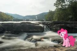 Size: 1600x1066 | Tagged: safe, artist:dashiesparkle, derpibooru import, pinkie pie, earth pony, pony, balloonbutt, butt, female, image, irl, jpeg, mare, photo, plot, ponies in real life, smiling, solo, water, waterfall, west virginia