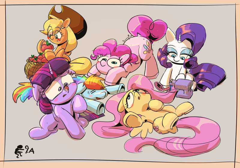 Size: 2739x1922 | Tagged: safe, artist:applephil, derpibooru import, applejack, fluttershy, pinkie pie, rainbow dash, rarity, twilight sparkle, earth pony, insect, ladybug, pegasus, pony, unicorn, apple, basket, beige background, blush sticker, blushing, female, food, image, insect on nose, lying down, mane six, mare, on back, png, sewing machine, simple background, sitting, twilight hates ladybugs, unicorn twilight