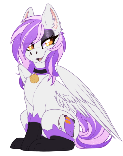 Size: 2530x3209 | Tagged: safe, artist:red_moonwolf, derpibooru import, oc, oc:mewio, unofficial characters only, pegasus, derpibooru community collaboration, 2023 community collab, bell, bell collar, cat socks, clothes, collar, eyeshadow, image, makeup, open mouth, png, purple hair, simple background, sitting, socks, transparent background, white coat