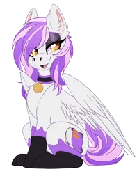 Size: 2530x3209 | Tagged: safe, artist:red_moonwolf, derpibooru import, oc, oc:mewio, unofficial characters only, pegasus, derpibooru community collaboration, 2023 community collab, bell, bell collar, cat socks, clothes, collar, eyeshadow, image, makeup, open mouth, png, purple hair, simple background, sitting, socks, transparent background, white coat