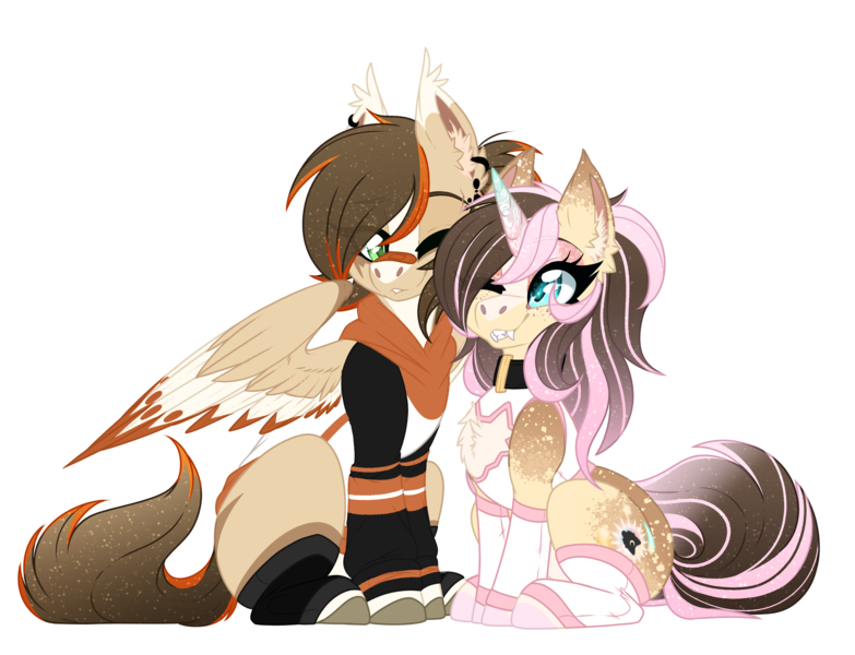 Size: 4448x3407 | Tagged: safe, artist:red_moonwolf, derpibooru import, oc, oc:eclipsed moonwolf, oc:orange lightning, pegasus, unicorn, derpibooru community collaboration, 2023 community collab, clothes, colored wings, fangs, gradient mane, gradient wings, horn, image, looking at each other, looking at someone, missing cutie mark, pegasus oc, piercing, png, scar, simple background, socks, transparent background, unicorn oc, wings