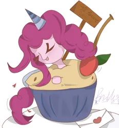 Size: 2620x2820 | Tagged: safe, artist:bridge, derpibooru import, pinkie pie, earth pony, pony, autograph, board, cherry, cupcake, eye clipping through hair, eyes closed, food, hat, heart, ibispaint x, image, leaf, letter, open mouth, plate, png, simple background, smiling, solo, white background