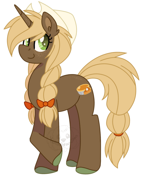 Size: 800x985 | Tagged: safe, artist:katsuforov-chan, derpibooru import, oc, oc:pumpkin spice, unofficial characters only, pony, unicorn, au:equuis, bow, braid, braided tail, colored pupils, cowboy hat, cutie mark, female, freckles, hair bow, hair tie, hat, hooves, image, looking at you, mare, png, simple background, smiling, solo, tail, transparent background, watermark