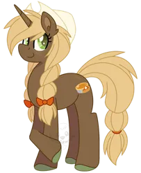 Size: 800x985 | Tagged: safe, artist:katsuforov-chan, derpibooru import, oc, oc:pumpkin spice, unofficial characters only, pony, unicorn, au:equuis, bow, braid, braided tail, colored pupils, cowboy hat, cutie mark, female, freckles, hair bow, hair tie, hat, hooves, image, looking at you, mare, png, simple background, smiling, solo, tail, transparent background, watermark