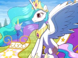 Size: 800x600 | Tagged: safe, artist:rangelost, derpibooru import, princess celestia, alicorn, cyoa:d20 pony, chariot, crown, cyoa, ethereal mane, image, jewelry, offscreen character, pixel art, png, regalia, solo, story included
