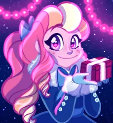 Size: 1668x1824 | Tagged: safe, artist:carouselunique, derpibooru import, oc, oc:honeycrisp blossom, unofficial characters only, equestria girls, bow, christmas, clothes, coat, female, freckles, hair bow, holiday, image, jpeg, looking at you, offspring, parent:big macintosh, parent:princess cadance, parents:cadmac, present, smiling, smiling at you, solo