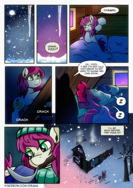 Size: 2480x3508 | Tagged: safe, artist:dsana, derpibooru import, fizzlepop berrytwist, tempest shadow, oc, oc:lullaby dusk, oc:thistledown, earth pony, pegasus, pony, unicorn, comic:a storm's lullaby, female, filly, foal, image, mare, png, sleeping, snow