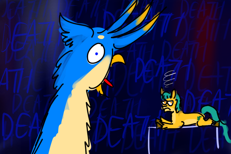 Size: 4200x2800 | Tagged: semi-grimdark, artist:horsesplease, derpibooru import, gallus, hitch trailblazer, series:ask failblazer, 3 am, curse, g5, gallus the rooster, grimderp, hitch trailblazer is not amused, image, insanity, png, screaming, slipknot, song reference, unamused