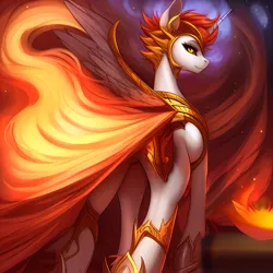 Size: 1280x1280 | Tagged: safe, derpibooru import, editor:mr-bat, machine learning generated, stable diffusion, daybreaker, alicorn, pony, abstract background, armor, butt, covering, crown, fire, hoof shoes, horn, image, jewelry, looking at you, missing cutie mark, orange mane, png, pony ears, regalia, slit pupils, smiling, spread wings, tail, tail of fire, wings