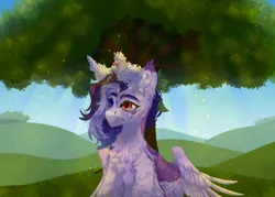 Size: 3500x2500 | Tagged: safe, artist:medkit, derpibooru import, clear sky, oc, oc:wendy levitar, unofficial characters only, pegasus, pony, big eyes, big tree, blue sky, calm, chest fluff, complex background, crepuscular rays, dappled sunlight, day, ear fluff, eyeliner, eyes open, eyeshadow, feather, female, fluffy, foliage, grass, heterochromia, high res, hill, image, leaves, lilac, looking up, makeup, mare, paint tool sai 2, particles, pegasus oc, png, short mane, sitting, sky, solo, spread wings, sunny day, tassels, tree, wings