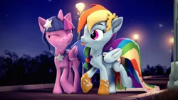 Size: 3840x2160 | Tagged: safe, artist:psfmer, rainbow dash, twilight sparkle, twilight sparkle (alicorn), alicorn, pegasus, pony, 3d, :p, clothes, cute, dashabetes, dress, eyes closed, female, gala dress, lesbian, night, revamped ponies, shipping, smiling, source filmmaker, tongue out, twiabetes, twidash, walking