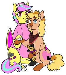 Size: 1401x1579 | Tagged: safe, artist:/d/non, artist:tacodeltaco, derpibooru import, oc, oc:heartspring, oc:star shower, unofficial characters only, bat pony, derpibooru community collaboration, 2023 community collab, amputee, bandana, bat pony oc, bat wings, derpibooru exclusive, holding hooves, image, looking at you, nurse outfit, plushie, png, prosthetic limb, prosthetics, simple background, transparent background, wings