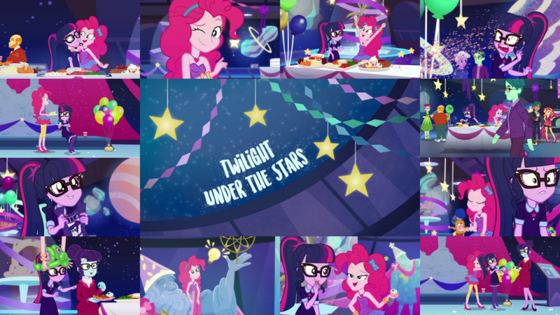 Size: 1280x721 | Tagged: safe, derpibooru import, editor:quoterific, pinkie pie, rosette nebula, sci-twi, sunset shimmer, twilight sparkle, human, equestria girls, equestria girls series, twilight under the stars, spoiler:eqg series (season 2), arms in the air, atomic chocolate cake, balloon, balloon animal, confetti, cupcake, eyes closed, food, hug, idea, image, nervous, one eye closed, png, poster, wink