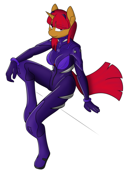 Size: 2500x3400 | Tagged: safe, artist:in3ds2, derpibooru import, oc, oc:tsangefis, anthro, unicorn, bodysuit, clothes, eyebrows, eyebrows visible through hair, female, image, latex, latex suit, looking at you, plugsuit, png, simple background, sitting, solo, solo female, transparent background