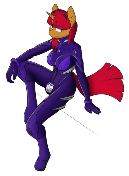 Size: 2500x3400 | Tagged: suggestive, artist:in3ds2, derpibooru import, oc, oc:tsangefis, anthro, unicorn, bodysuit, clothes, crotch bulge, eyebrows, eyebrows visible through hair, female, futa, image, intersex, latex, latex suit, looking at you, null, plugsuit, png, simple background, sitting, solo, solo female, transparent background