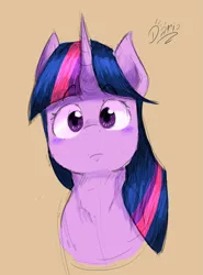 Size: 1863x2518 | Tagged: safe, artist:dariosparks, derpibooru import, twilight sparkle, unicorn, blushing, image, looking at you, png, simple background, solo, tan background