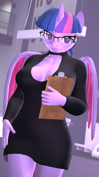 Size: 1080x1920 | Tagged: questionable, artist:midnightdanny, derpibooru import, twilight sparkle, twilight sparkle (alicorn), alicorn, anthro, 3d, clipboard, glasses, image, looking at you, outfit, png, solo, source filmmaker