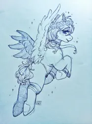 Size: 1600x2134 | Tagged: safe, artist:sugarrrpeach, oc, unofficial characters only, pegasus, clothes, flying, image, jpeg, looking at you, looking back, looking back at you, monochrome, photo, simple background, socks, solo, spread wings, traditional art, white background, wings