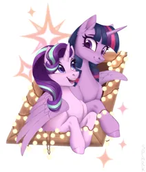 Size: 2000x2362 | Tagged: safe, artist:sparkling_light, derpibooru import, starlight glimmer, twilight sparkle, twilight sparkle (alicorn), alicorn, pony, unicorn, christmas, christmas lights, cute, duo, glimmerbetes, height difference, high res, holiday, hooves, hug, image, looking at each other, looking at someone, open mouth, png, simple background, smiling, smiling at each other, twiabetes, white background, window, winghug, wings