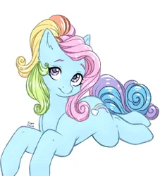 Size: 1920x2112 | Tagged: safe, artist:sugarrrpeach, rainbow dash (g3), pony, female, image, jpeg, looking at you, mare, prone, simple background, solo, white background