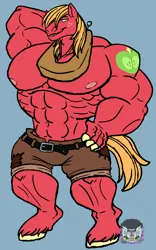 Size: 700x1121 | Tagged: suggestive, artist:angry_koala, derpibooru import, big macintosh, anthro, earth pony, unguligrade anthro, abs, alternative cutie mark placement, arm behind head, big macintosh's yoke, blue background, commission, fetish, great macintosh, hand on hip, horse collar, image, male, male nipples, muscle fetish, muscles, muscular male, nipples, nudity, png, shoulder cutie mark, simple background, solo, solo male, watermark