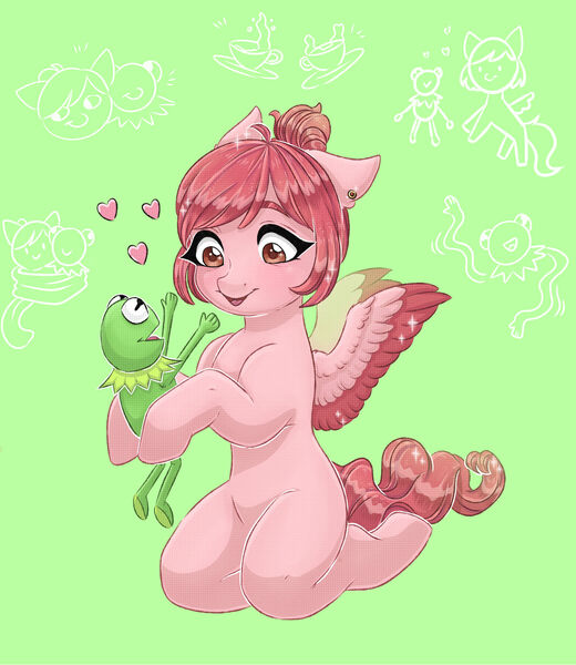 Size: 1920x2216 | Tagged: safe, artist:sugarrrpeach, oc, pegasus, pony, duo, ear piercing, female, floppy ears, green background, image, jpeg, kermit the frog, kneeling, mare, piercing, simple background, spread wings, wings